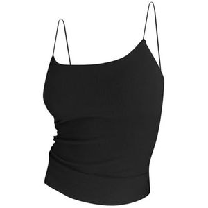 Dames Effen Kleur Gebreide Geribbelde Bretels Mouwloze Top, Zomer Kort Vest Streetwear(Color:Black,Size:S)