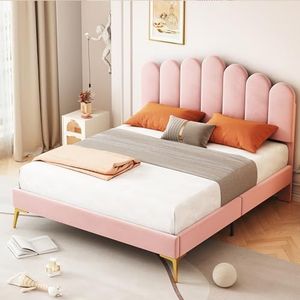 boorbin Gestoffeerd tweepersoonsbed, bedframe met hoofdeinde en lattenbodem, logeerbed voor volwassenen in huidvriendelijk fluweel, 140 x 200 cm (roze)