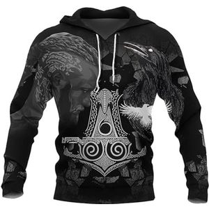 Nordic Thor Hammer Raven Hoodie, Viking 3D-geprinte Odin Fenrir Vegvisir Tattoo Herenstraat Grote Zakjas, Lente en Herfst Punk Harajuku Tops(Color:A Hoodie,Size:XL)