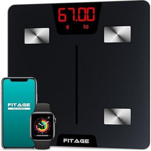 FITAGE Personenweegschaal Digitaal - Testsieger, Slimme Weegschaal tot 180 kg, Lichaamsanalyse met 17 lichaamsmetingen, Lichaamsvetweegschaal met App, 28 x 28cm, Zwart