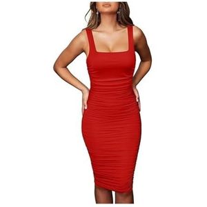 Jurken Voor Vrouwen，Women's Mouwloze Tank Ruched Casual Knielengte Bodycon Sundress Basic Fitted Dress(Red,S)