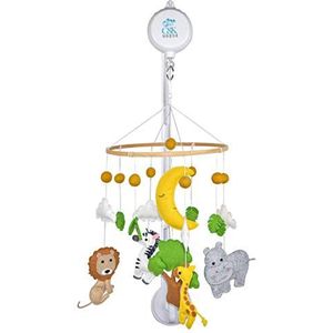 Babywieg Mobile, Muziekbox-speler en wieg armhouder, hangende carrousel met safari dierentuin, giraffe, zebra, leeuw, nijlpaard omgeven door boom, maan en wolken door C&K WORKS