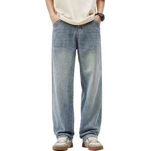 Heren Lichtgewicht Jeans Baggy Wijde Pijpen Casual Losse Streetwear Denim Lange Zomerbroek Met Zakken,Blauw,3XL