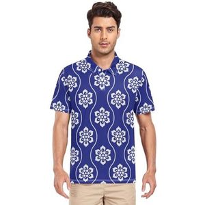 LI ZHI XIN Heren poloshirt korte mouwen werk T-shirt zomer top klassieke kraag sweatshirt met 2 knopen voor golf tennis outdoor sport blauw bloemenpatroon, Meerkleurig, S