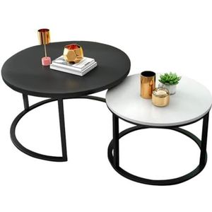 Salontafel set van 2 moderne tafelnesten salontafel ronde bank bijzettafel woonkamer, MDF-hout en zwart metalen frame, groot zwart, klein wit nachtkastjes (maat: set van 2: 80 cm+6