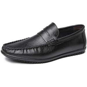 Herenloafers Effen kleur Ronde neus Lederen Penny Loafers Flexibele lichtgewicht antislip Klassieke instappers (Color : Black, Size : 37 EU)