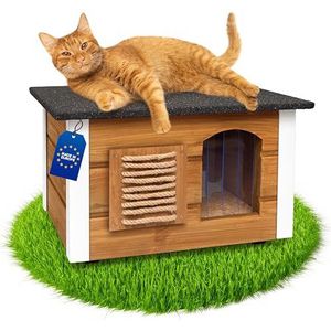 Outentin Kattenhuis voor buiten, winterbestendig, kattenhuisje voor buiten, geïsoleerde beschermhut, waterdicht en weerbestendig, kattenhuis voor buiten, 61 x 39 x 36 cm (eiken)