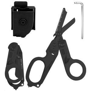 Reddingsschaar, traumaschaar, 6-in-1, opvouwbaar, traumaschaar, noodschaar, verbandschaar met K-beschermhoes, moersleutel voor professionele reddingsdiensten, outdoor, camping, puur zwart