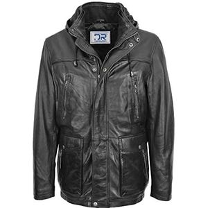 DR192 Heren Leren Parka Afneembare Hoodie Zwart, Zwart, 3XL