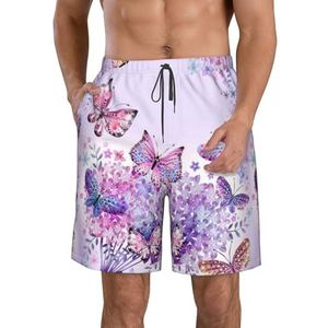 PHTZEZFC Mooie paarse vlinder kunst print heren strandshorts - zomer vakantie strand shorts casual lichtgewicht trekkoord, Wit, M