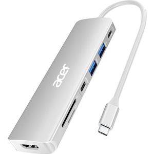 Acer USB C Hub 7 in 1, USB C-adapter met 4K HDMI, 2 USB-A 3.0 5 Gbps, PD 100W, SD/TF kaartlezer, Multi USB-splitter voor computer/MacBook Pro Air/iPad/iPhone 15/Surface/Steam Deck (zilver)
