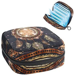 Periode Pouch Draagbare Tampon Opbergtas,Tampon Houder voor Portemonnee Vrouwelijke Product Organizer,Native American Dreamcatcher Motief Magische Veren Hippie Ontwerp op Sterrenachtergrond Thema, Meerkleurig, 4.7x6.6x6.6 in/12x17x17 cm