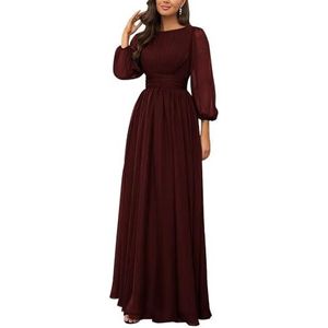 KURFACE Bruidsmeisjesjurken met lange mouwen, geplooide ronde hals, chiffon, bruidsmeisje, formele avondjurk, Bordeaux, 32