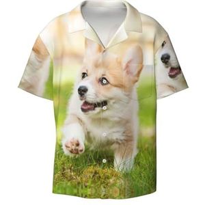 EdWal Corgi Puppy Print Heren Korte Mouw Button Down Shirts Casual Losse Fit Zomer Strand Shirts Heren Jurk Shirts, Zwart, XXL