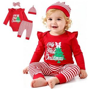 FUTERLY My First Christmas Outfit Baby Meisje Kerst Outfit Pasgeboren Christma Outfits Romper + Broek + Hoed + Hoofdband 4 stuks Xmas Baby Meisje Kleding Set voor 0-18 Maanden, Mijn eerste kerst rood
