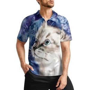 Aquarel Galaxy Cat heren golfpoloshirts klassieke pasvorm T-shirt met korte mouwen bedrukt casual sportkleding top M