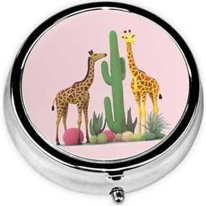 Giraffe en cactus pillendoos metalen ronde kleine pillendoos schattig 3 compartimenten pillenorganisator draagbare reizen pillendoos mini pillencontainer houder voor dagelijkse geneeskunde supplement