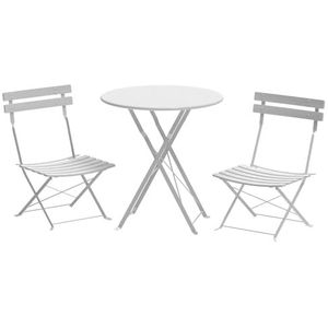 MUL-BOUTIQUE Tafel- en stoelenset, 1 ronde tafel en 2 witte klapstoelen, set met 3 tafels en stoelen van metaal, geschikt voor camping, tuin, gemakkelijk te verplaatsen (wit)