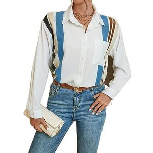 dames topjes Shirt met opgestikte zak en gestreepte print - Casual shirt met lange mouwen, overhemdkraag en knopen aan de voorkant (Color : Multicolore, Size : Small)
