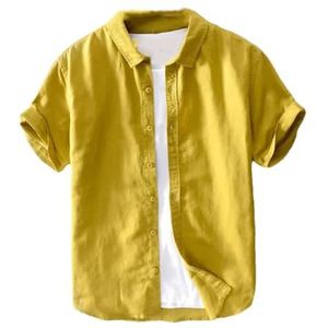 Mannen Katoen Linnen Korte Mouw Shirts Casual Mode Trendy Revers Tops Mannelijke Zomer Klassieke Basic T-shirt, Geel, M