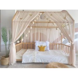 Baby Fancyroom Bedhemel Beige Decoratieset Kinderkamer Baldakijn Pomponslinger van Premium Tule (Huisbedhemel Beige zonder Vlinders, 340 cm)