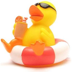 Badeend in zwemband, piepende duckshop, L: 8 cm, speelgoed voor baby's en kinderen, badspeelgoed voor de badkuip