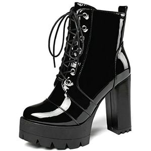 SYDZSW Lakleer Enkellaarzen voor Dames - Zwarte Enkellaarsjes met Vetersluiting met Hoge Blokken en Platform voor Avond & Club, Zwart, 34 EU