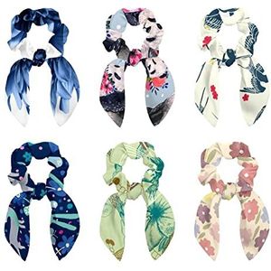 6 Stuks Haar Scrunchies Boog Knoop Scrunchy Sjaal Scrunchies Paardenstaart Houder Ties Bands Accessoires voor Vrouwen, Aquarel Panda Roze Bloemen