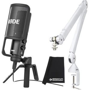 Rode NT-USB condensatormicrofoon PSA1+ Plus scharnierarm statief wit + keepdrum microvezeldoek