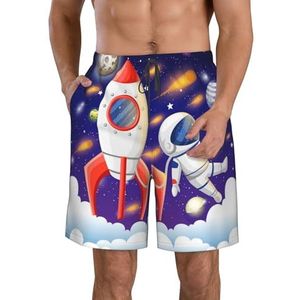 PHTZEZFC Universe Astronaut Rocket Galaxy Print Strandshorts voor heren, lichtgewicht, sneldrogend trekkoord zwembroek met zakken, Wit, L