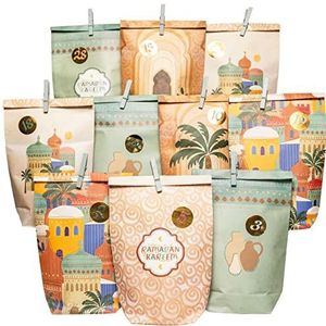 Papierdrachen Ramadan-kalender, doe-het-zelf, om te vullen, voor kinderen en volwassenen, bedrukte zakjes van kraftpapier in saliegroen, om neer te zetten en te decoreren, Eid Mubarak, herbruikbaar, set 6