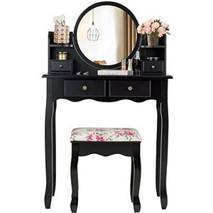 LDAILY Kaptafel set met 360° draaibare ronde spiegel, kaptafel met kruk, 4 laden en 4 opbergplanken, make-up make-up bureau voor meisjes en vrouwen (zwart)