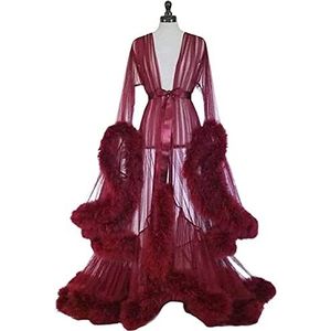 Pluizige Tule Moederschap Gewaad Voor Vrouwen Oude Hollywood Veer Gewaad Sexy Tule Zijde Nachthemd Badjas, Rood, XXL