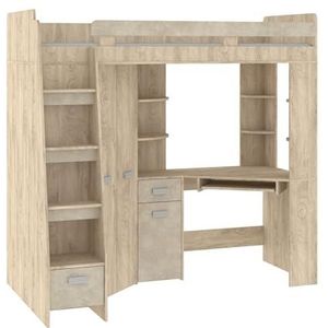 FurnitureByJDM Hoogslaper Met Bureau, Kast en Planken – Compact Kinderbed Met Opbergruimte – Complete Set (120x204 cm) – Bed 80x200 cm – Trap Links – (Endgrain Eik/Granada Amandel)