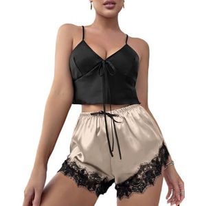 LoprNsdgt Dames Sexy Zijden Satijnen Pyjama Sets Mouwloze Tops En Kant Trim Shorts Sets Slaapkleding,Beige,L