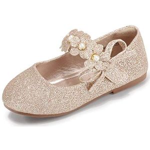 PANDANINJIA Cheryl Kleedschoenen voor peuters en meisjes, bloemenmeisjesschoenen, ballerina's, platte parels, strik, Mary Jane prinsesschoenen, Goudglitter, 7 Toddler