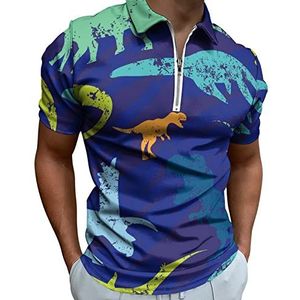 Retro Dinosaurus Print Half Zip-up Polo Shirts Voor Mannen Slim Fit Korte Mouw T-shirt Sneldrogende Golf Tops Tees L