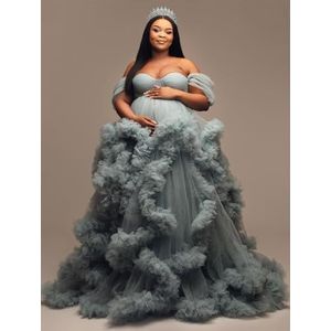 Off-shoulder geplooide moederschap tule gewaad voor fotoshoot zwangere ochtendjas pure lingerie nachthemd AH155, Hemelsblauw, 36