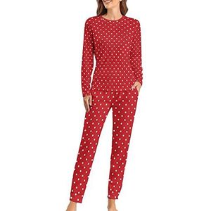 Rode Stippen Kerst Zachte Dames Pyjama Lange Mouw Warm Fit Pyjama Loungewear Sets met Zakken 4XL