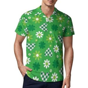 Groene harten klaver en bloemen heren golfpoloshirt slim fit T-shirts korte mouw casual print tops XL