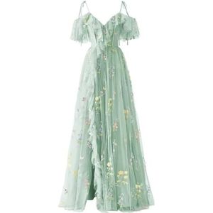 Bruidsmeisjesjurken voor dames, tule voor bruiloft, met split, prinsessenjurk, baljurk, grote maten, mintgroen, 32