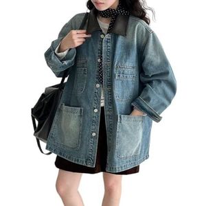 LoprNsdgt Button-Up Spijkerjack Voor Dames, Patchwork, Revers, Oversized, Middellange Motorjas,Blauw,One Size