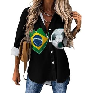 I Love Braziliaanse vlag voetbal dames shirt met lange mouwen casual blouses button down tops print