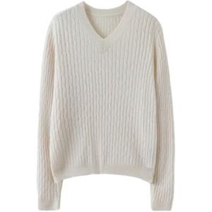 Wollen trui voor vrouwen herfst winter basic V-hals korte effen trui lange mouwen gebreide trui, Wit, M