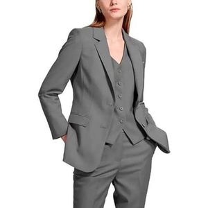 Vrouwen 3-delig pak piek revers broekpak zakelijke casual outfits bruiloft zakelijke formele kantoor dame outfits, Grijs, XS