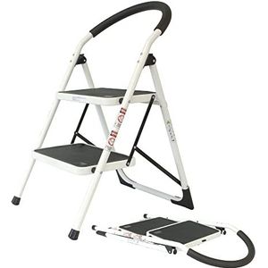 Inklapbare stalen traptreden | 2 extra brede treden met antislipmatten | 84 cm hoogte | trapladder met klapbeveiliging | met antislipvoeten | belastbaar tot 150 kg | huishoudladder