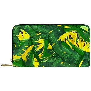 Lederen portemonnee voor heren,grote dames portemonnee voor kaart,Gele bloemen tropische bladeren,Muntzakje met rits