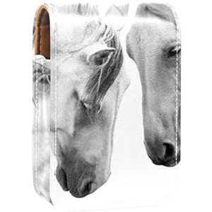 Make-up Lipstick Case voor Buiten Wit Paard Paar Draagbare Lippenstift Organizer met Spiegel Dames Mini Make-up Tas Neemt Tot 3 Lippenstift