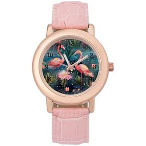 Pinkflamingos Aquarel Patroon Dames Elegant Horloge Lederen Band Polshorloge Analoge Quartz Horloges