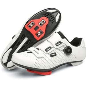 JiuQing Unisex Leren Fietsschoenen Compatibel Met Peloton Indoor Outdoor Racefietsschoenen Met Delta-Schoenplaatjes,Wit,44 EU
